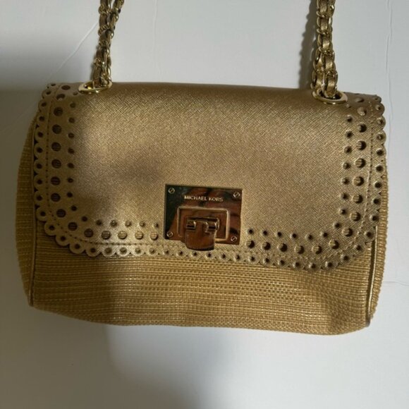 Michael Kors Violet Vivian Leather Straw Raffia Metallic Chain Shoulder Bag Tote - Picture 5 of 16